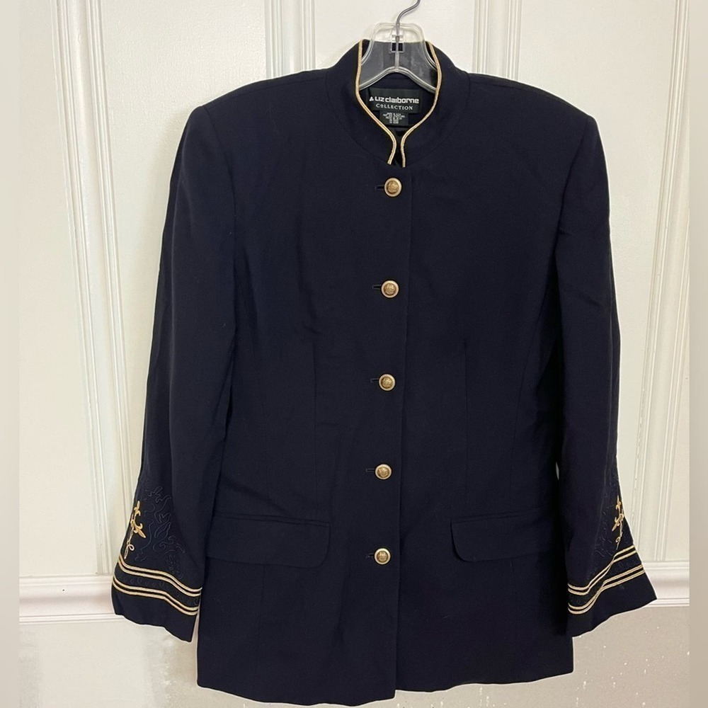 Vintage 80s 90s Cashmere Wool Lightweight Nautical Liz Claiborne Navy Blazer 6 - Picture 1 of 8